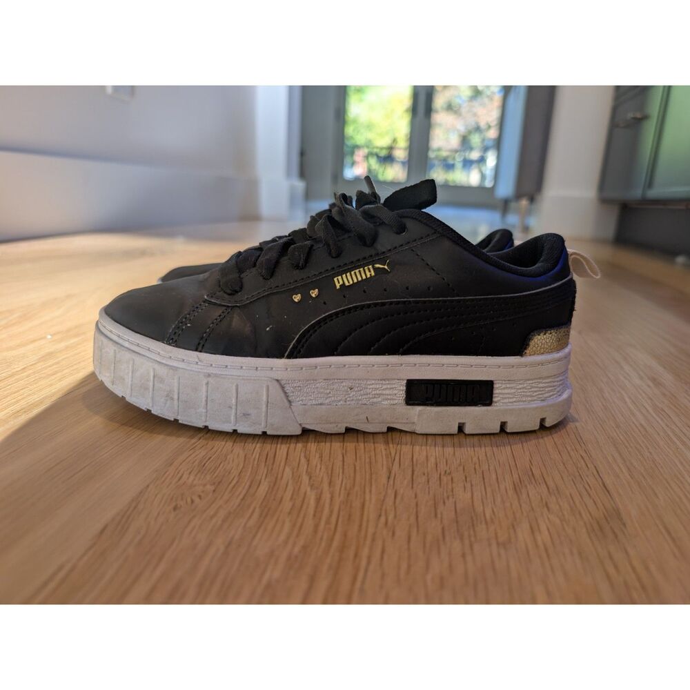 PUMA Mayze Lth Pop Platform Sneakers Black Gold Hearts sZ 3.5C fits 5 women too